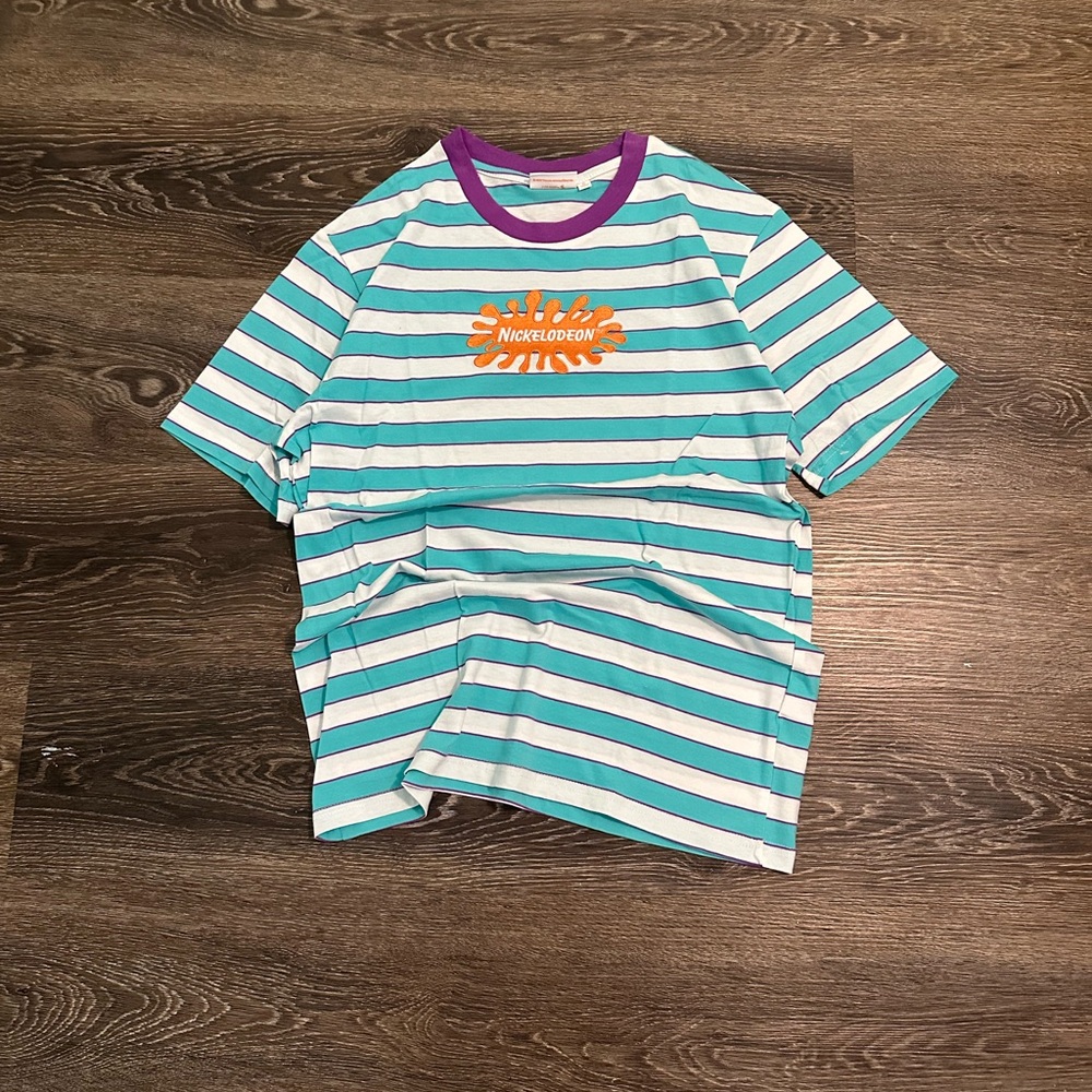 Nickelodeon Teal and White Striped Tee with Purple Collar